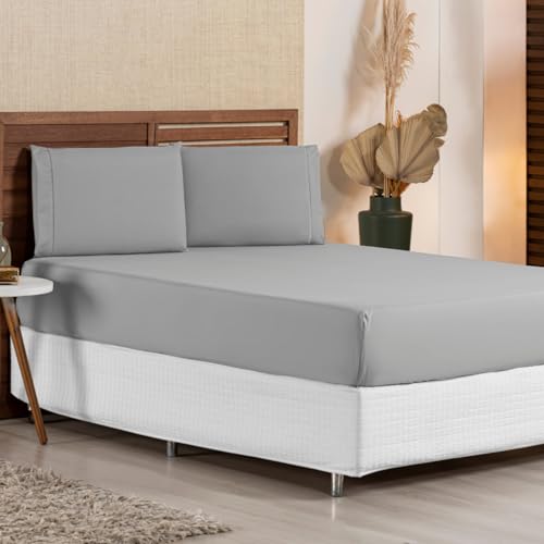 Jogo de Lençol Casal 3 Peças Micropercal 400 Fios com Ponto Palito | Toque Acetinado de Hotel, Não Amassa, Anti Bolinha - Cor Cinza