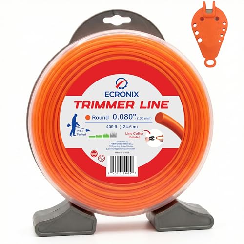 ECRONIX .080' Round Trimmer Line (409 ft / 1 lb Donut Spool) - All-Purpose Weed Wacker String & Weed Eater Line for Gas & Battery Trimmers - Smooth Feed Replacement Cord - Free Cutter Included