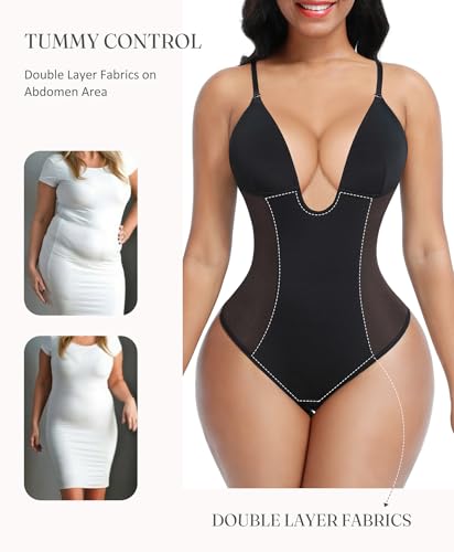 FeelinGirl Women's Tummy Control Shapewear Bodysuit Deep U Neck Thong Body shaper Seamless Slimming Shapewear4