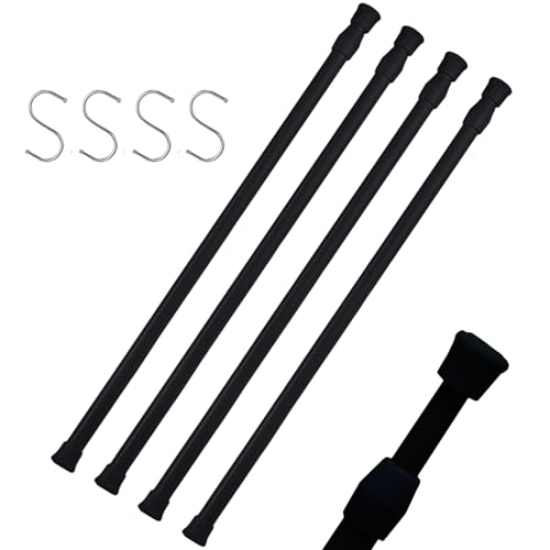 4 Packs Small Tension Rods 16 to 28 inch Spring Adjustable Bars for Camper RV Refrigerator, Kitchen Windows, Cupboard Utensils, Closet, and Cabinet, Black