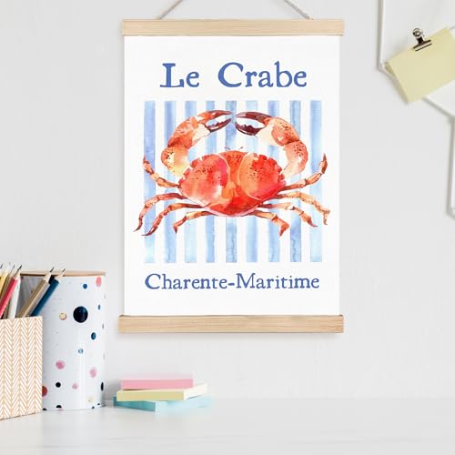 Image of PQKIY Coastal Beach Crab Wall Art Poster Hanger Frame 12x16 in, Summer Watercolor Beach Seafood Red Crab Blue Striped Aesthetic Wall Decor Canvas Prints for Home Kitchen Dining Room