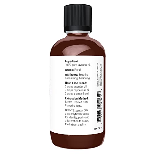 Now Essential Oils, Lavender Oil, Soothing Aromatherapy Scent, Steam Distilled, 100% Pure, Vegan, Child Resistant Cap, 4-Ounce #TOP2