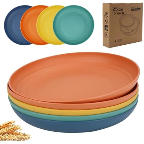 K Y KANGYUN 10 Inch Unbreakable Wheat Straw cereal Plates, Dishwasher Safe Kitchen Large Plates Dinnerware Set of 4- Perfect for Dinner Dishes BPA Free Plates for Camping Cover