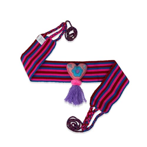 Mexican Embroidered Belt with Striped Pattern, Heart Applique and Purple Tassel, Traditional Handmade Sash2