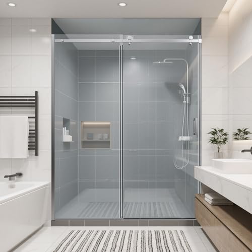 Image of 56-60 inch W x 74 inch H Frameless Shower Doors, Bathroom Single Sliding Shower Glass Doors with 5 /16 inch (8mm) Clear SGCC Tempered Glass and Stainless Steel Handle, Reversible Installation, Chrome