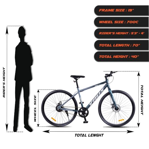 Image of Vaux City-Pro 700C Hybrid Cycle for Men, 19 Inch Hi-Ten Steel Frame, Dual Disc Brake, 700x35C Tyres, Double Wall Alloy Rims, City Bike(Grey-Blue, Single Speed, Rigid Fork)