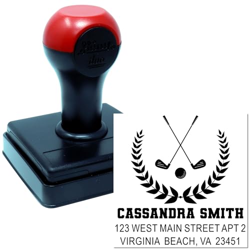 Image of Customized Handheld Duo Hand Address Stamper Golf Laurel Crest - for Tags | Any standard pad works. Golf Fan Stamp. Compact Address Stamper. Uses a separate ink pad. Up to 50 characters per line.