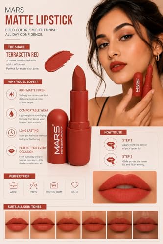 Image of Mars-Matte Creamy Lipstick | Non-drying, Highly pigmented Lipstick | Shade- multisades, 3.8gm| (Crimson Red)
