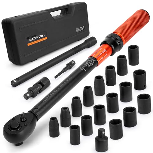 1/2-Inch Drive Torque Wrench Set 22PCS, 10-180FT.LB/13.6-244.1Nm, Click Torque Wrench Socket Set, 72-Tooth Dual-direction, ±3% Precision Adjustable Torque Wrench for Lug Nut, Bicycle, Moto, Car