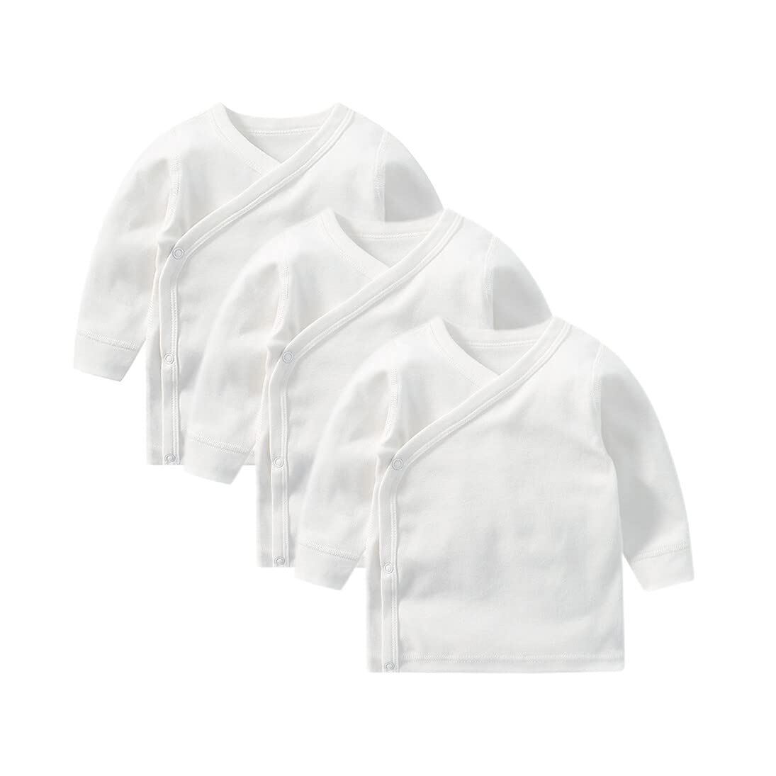 HAOLUKIRUKOSU Baby 3-Pack Long Sleeve Side-snap Cotton Shirt Unisex Newborn Girls Boys Kimono Tee Shirts Top White New Born