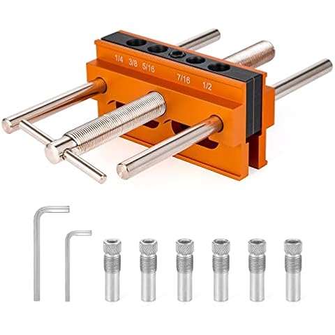 SLIIMU Self Centering Dowel Jig Kit for Max 6.8'' Thick Timber, Inch Woodworking Center Doweling Drill Guide Jig for Straight Hole, Portable Drill Block for Wood Dowel Hole with 6 Drill Sleeve Cover