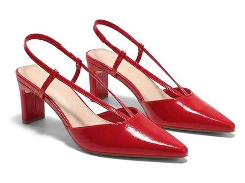 Coutgo Womens Low Chunky Heels Slingback Pumps Closed Pointed Toe V-Strap Slip On Wedding Party Dress Shoes Red Size 9