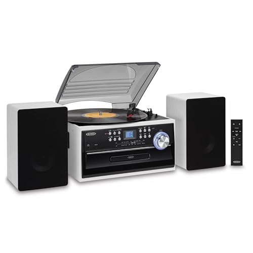 Jensen Tocadiscos estéreo de 3 velocidades con Control de Tono, Cassette de CD y Radio estéreo Am/FM