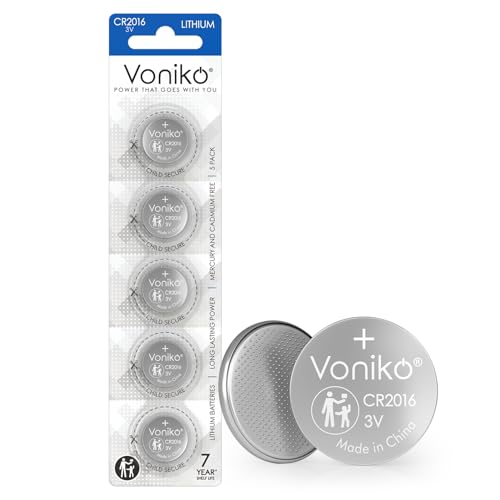 Voniko 3 Volt 2016 Battery 5 Pack – Button Cell 2016 Batteries – Lithium CR2016 3 Volt Coin Battery – 7 Years Shelf Life