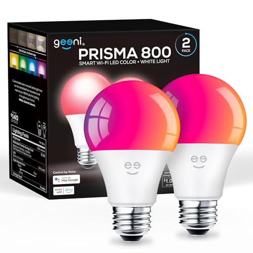 Geeni Prisma Smart Light Bulbs 2-Pack, Color Changing RGBW LED, A19, 800 Lumens, 60W Equivalent, Dimmable, 2700K, Works with Alexa & Google Home