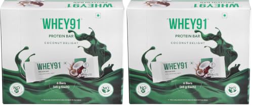 Image of Whey91 Coconut Delight Protein Bar, 20g Protein & 5.8g Fiber in each, No Added Preservatives, No Artificial Flavours, 390g- (Pack of 12)