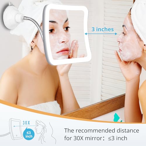 Image of Fabuday Flexible Gooseneck 30X Lighted Magnifying Mirror with Tweezer - Upgraded Rechargeable Makeup Mirror with Lights, LED Travel Mirror with Suction Cup for Bathroom, 3 Color Lighting, Square