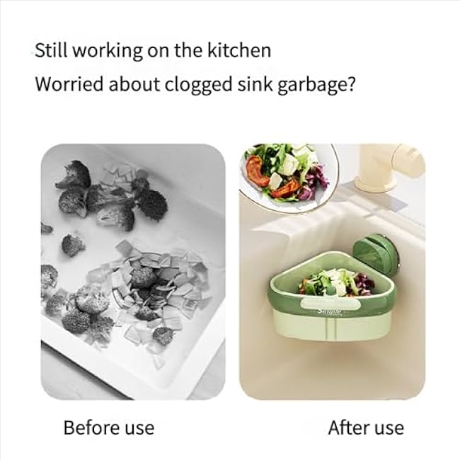 Curetoaway Suction Cup Sink Corner Rack, Curetoaway Suction Cup Sponge Holder, Cureaway Suction Cup Corner, Triangular Sinks Basket Shelf Automatic Dumping, No Drilling Food Waste Catcher (Green*1)
