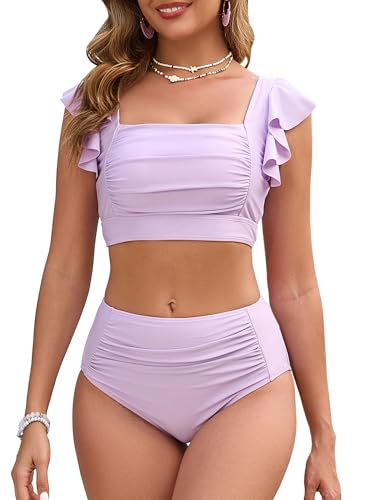 Women High Waisted Bikini Sets Square Neck Swimsuits Ruffle Cheeky Tummy Control Solid Two Piece Bathing Suit