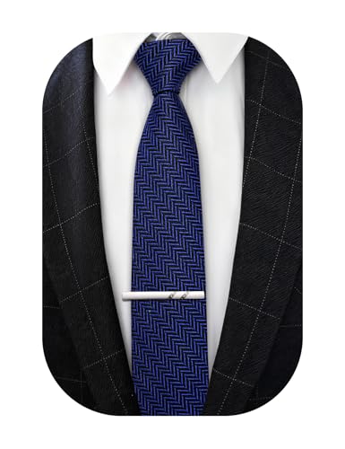 Image of Barry.Wang Skinny Ties for Men Wool Blend Herringbone Necktie with Tie Clip | Tie and Tie Clip Set, Cashmere Wool Stripe, 2.76 x 63 Inches, Extra Long Slim, Wedding Work Party Classic