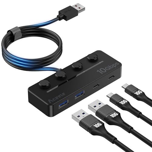 Aceele Hub USB 3.2 Gen 2 con interruptores on/off, USB A Hub con 4 Puertos USB-A y C, 10Gbps Ladron Datos con 120cm de Cable Largo para MacBook, iMac, Unidad Flash, Disco Duro, XPS, PC, Portátil y Más