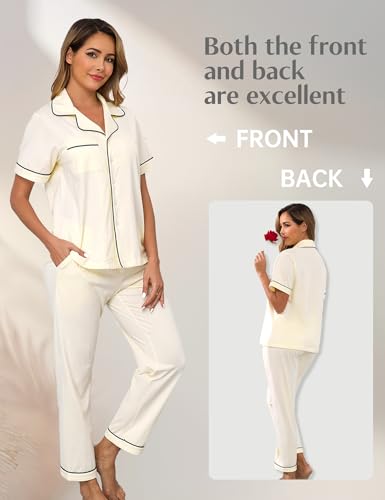 Image of COLORFULLEAF Women's 100% Cotton Pajamas Set Short Sleeve Sleepwear Soft Button Down Loungewear Pjs with Pockets S-XXL(Tan,S)