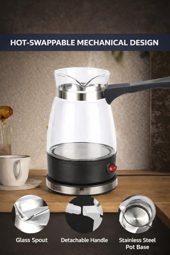 Image of Electric Glass Turkish Coffee Kettle, 600W Fast Heat, 500ml Capacity, Black and Clear Design with Ergonomic Handle, Power Switch Indicator /Green Tea&Coffee, Borosilicate Glass, S.S. Base (Glass)