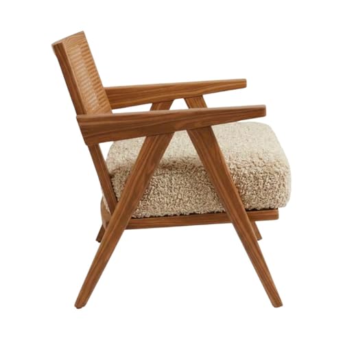 Image of Kingsman Furnitures ABEL Rattan Teak Wood Accent Arm Chair for Home Bedroom, Living, Dining, Drawing Room | Ultra Soft and Comfortable for Stress Free | Removable Cushion (KF-Bronx-Canaberra-Boucle)
