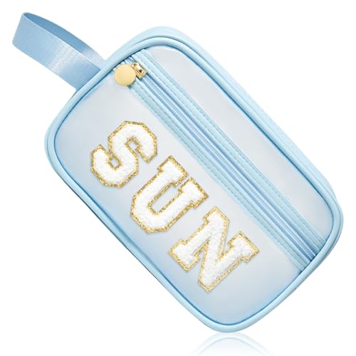 Image of COSHAYSOO Clear Sunscreen Bag Makeup Toiletries Pouch Beach Vacation Essentials Summer Travel Stuff Accessories Personalized Graduation Gifts for Her Women College Teen Girls Teacher Nurse Blue SUN