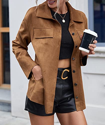 SOMTHRON Women's Faux Suede Shirt Jacket Soft Lapel Snap Button Down Solid Oversized Shacket Coat3
