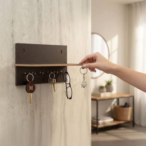 Image of Wall Mounted Key Holder & Organizer with Shelf | Wooden Key Stand with 6 Hooks | Multipurpose Wall Shelf for Keys, Sunglasses, Mask & Accessories| Entryway Storage wall key Rack (Dark Brown, 9x6 Inch)