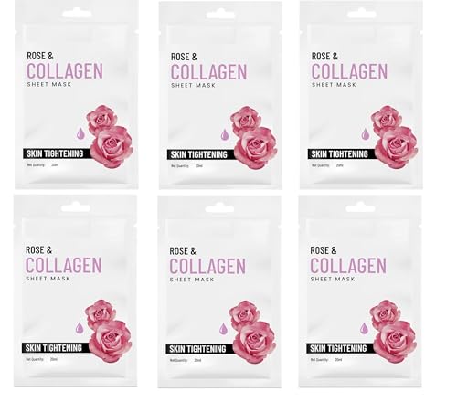 Image of Rose & Collagen skin tightening Sheet Mask | Serum-infused sheet mask | For Hydrating and youthful glowing skin | 20ml (pack of -6)