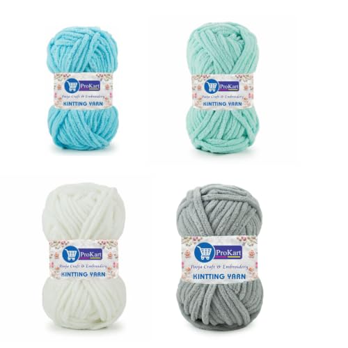 Image of ProKart - Blankie Plush & Cuddly Chenille Yarn for Knitting | Super Soft Velvet Pastel Yarn for Blankets, Baby Toys & DIY Crafts | 100g, Pack of 4 (Aqua Blue, Mint Green, Pure White, Silver)