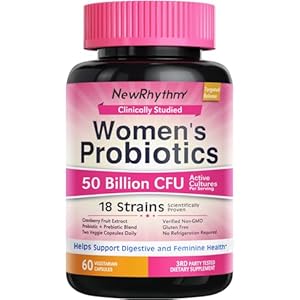 NewRhythm Women’s Probiotics, Organic Cranberry for Women’s Vaginal Health, 50 Billion CFU 18 Strains, Probiotics and Prebiotics, Support Digestive Health, 60 Vegan Capsules