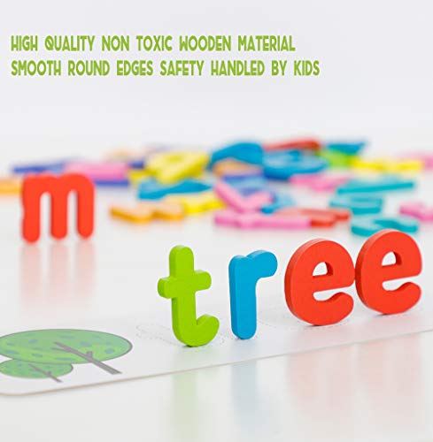 BMAG Wooden Educational Alphabet Matching Letter Puzzle Games, Seeing and Spelling Skills ABC Flash Cards, Montessori Reading Blocks Developmental Toys for Toddlers Boys Girls Age 3 4 5 6 7 Years