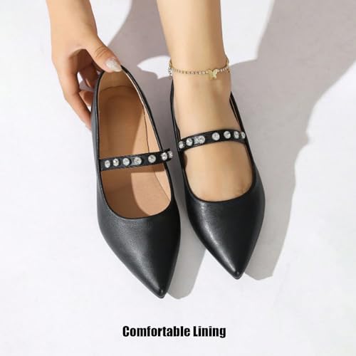 Women's Leather Rhinestones Strappy Flat Pumps Casual Pointed Toe Comfortable Slip On Walking Mary Jane Shoes for Commuting Work Daily3