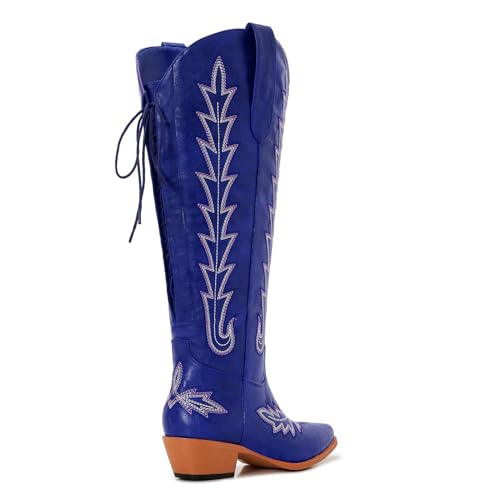 Image of Uillnoodu Wide Calf Cowboy Boots Women Knee High Tall Western Cowgirl Boots Adjustable Lace Up Plus Size Comfortable 2-Inch Heel