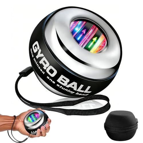 HNWXBSM (2026 New 6-Level Color-Shifting) All-Metal Power Gyro Ball, Weighted Auto-Start Hand Wrist Forearm Trainer and Strengthener for Exercise Joint and Muscle with Led Light (with Ball Bag)