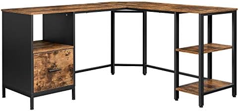 VASAGLE Corner Desk, L-Shaped Computer Desk, Office Desk with Cupboard and Hanging File Cabinet, 2 Shelves, Home Office, Space-Saving, Easy Assembly, Industrial Design, Rustic Brown and Black LWD75X