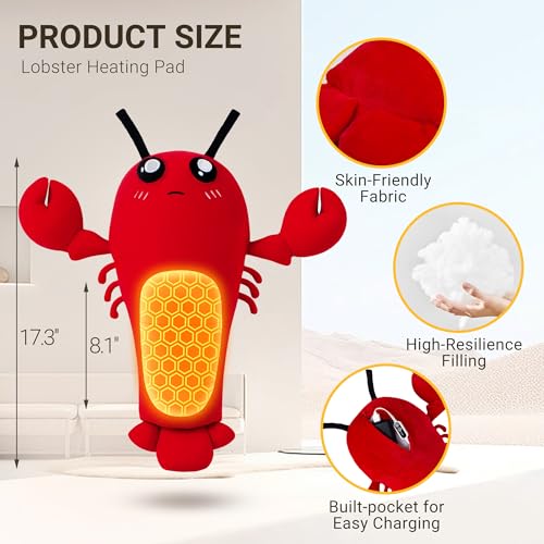 Image of Lobster Heating Pad Plush, USB Powered Electric Heated Stuffed Animal, Cute Lobster Plush with 3 Heat Levels & Timer, Soft Warm Ocean Animal Cushion Gift for Women Teen Girls
