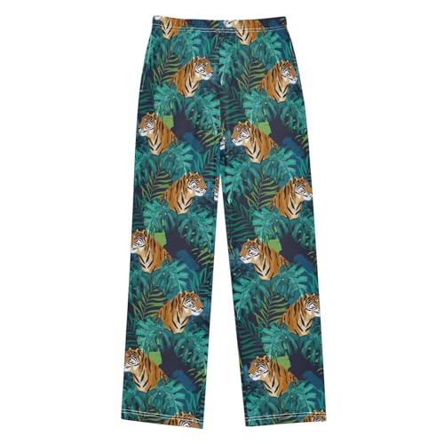 Tropical Tiger Palm Leaf Boys Long Pants Soft Trousers Elastic Waist Kids Lounge Bottoms with Pockets S-XL