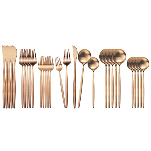 JASHII Flatware Silverware Set Stainless Steel Satin Finish Cutlery Set Service for 6, 30-Piece Spoons And Forks Kitchen Utensil Set, Dishwasher Safe (Matte Rose Gold)