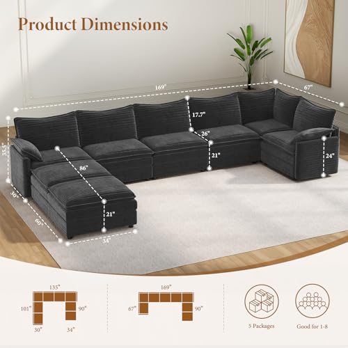 Image of Vesgantti Large Modular Sectional Sofa, Big Comfy Cloud Couch with Ottoman Deep Seat Corduroy Cloud Sofa, 8 Seater Large Sectional Couches for Living Room, Bedroom and Apartment, Gray