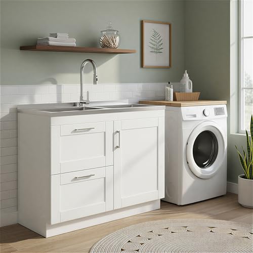 Image of SIMPLIHOME Modern Wide Shaker All-in-One 46 inch Wide Utility Sink and Laundry Cabinet in Glacier White Finish, Transitional Stainless Steel Sink Cabinet for Laundry Rooms with High-Arch Chrome Faucet