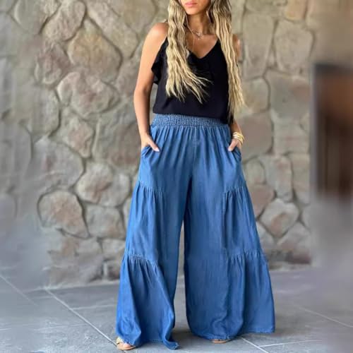 utcoco Women's Casual Baggy Ruffle Wide Leg Jeans Stretch High Waisted Denim Pants Comfy Lounge Trousers3