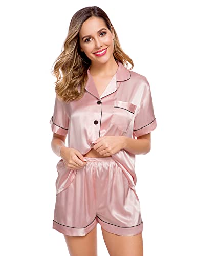 Image of LecGee Womens Silk Satin Pajamas Short Sleeve Loungewear Two-Piece Sleepwear Button-Down Pj Set