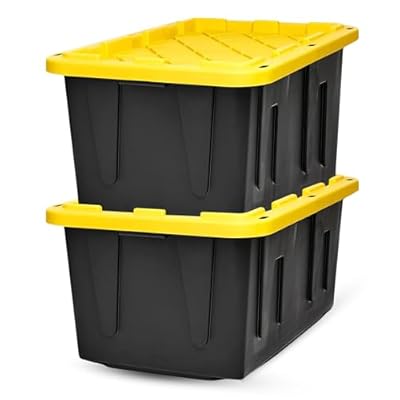 HOMZ 2-Pack Durabilt, Heavy Duty Plastic Storage Bins with Lids, 27 Gallon, Black/Yellow - Stackable Container Boxes for Home, Attic, and Garage Organization