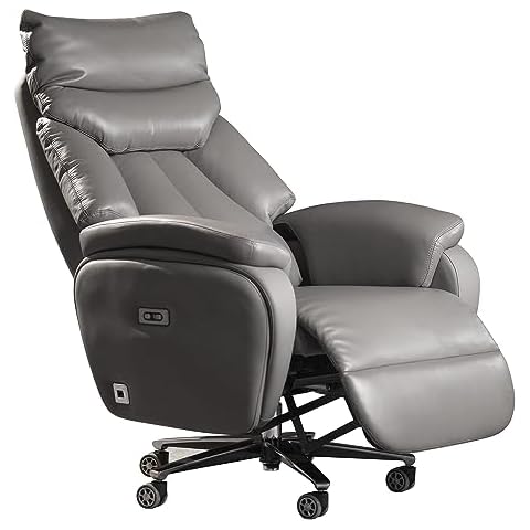 Kinnls Coast Power Office Recliner Chair Executive Desk Chair Fully Reclining Modern Minimalist Ergonomic Genuine Leather Office Chair with Arms,Adjustable Tilk Angle (Gray-Dual Motor) Cover