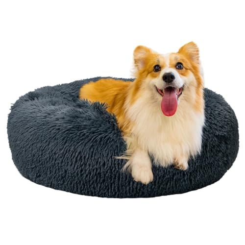 Cama para Perros 50CM Cama para Mascotas, Redonda Cama Gatos Pequeño con Parte Inferior Antideslizante Adecuado Cálido Felpa Cojin Interior Invierno para Gatos y Perros Pequeños (M-Gris Oscuro)