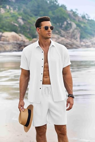 COOFANDY Men's Vacation Outfit Summer Short Sets for Men Beach Outfit, White, Medium